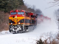 OK, here's the thing. It's cold for Ontario.....-15. I know that's T-shirt weather for many of you. An awful lot of past Ontario winters have been -2. which means packing snow...that doesn't fly. Flying snow means speed, and there is, IMHO, nothing better than a train at speed. That said, I don't envy the crew switching at Wolverton 15 miles ahead, where the blowing snow will fill the switches as fast as they can clean them. Fr example, 239 will be 35 minutes behind this one, 25 minutes of that cleaning out the power switch at Campbellville. There is nothing easy about winter on the railroad. 