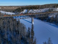 Edmonton to Prince George manifest M 30351 06 crosses the McLeod River with CN 2606, BCOL 4652 and IANR 4101.  