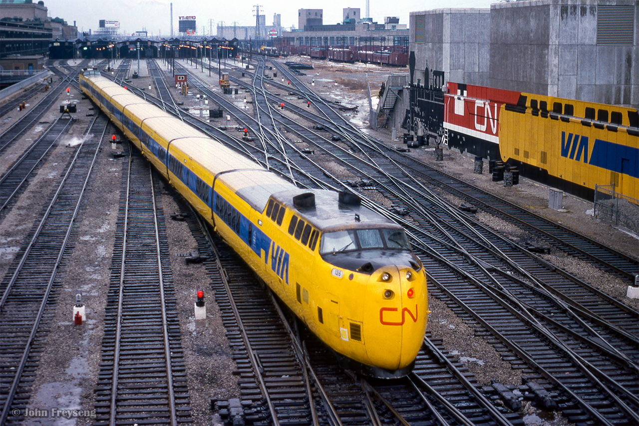 Equipment for VIA Turbo 66, running Toronto - Montreal, departing at 15:50h, moves up to Union Station.

scan and editing by Jacob Patterson.