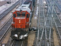 A pair of SD40s lead an eastbound freight through TTR trackage approaching Union Station.

<br><br><i>Scan and editing by Jacob Patterson.</i>