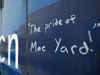 "Pride of Mac Yard" is written on the side of the CN 4908, one of many former GMTX GP38-2's bought by CN to fill out the 4 axle power shortage, while these units await upgrades and new paint. CN elected to press them into service for the time being. 
