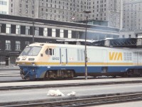 Via 6902 heads out of Toronto Union Station with a westbound train and cloud of smoke in August of 1984. This LRC-2 unit was built in 1980 and the internet reports it scrapped in 2007. What a wide variety of trains back then. The famous Royal York Hotel looms in the background.