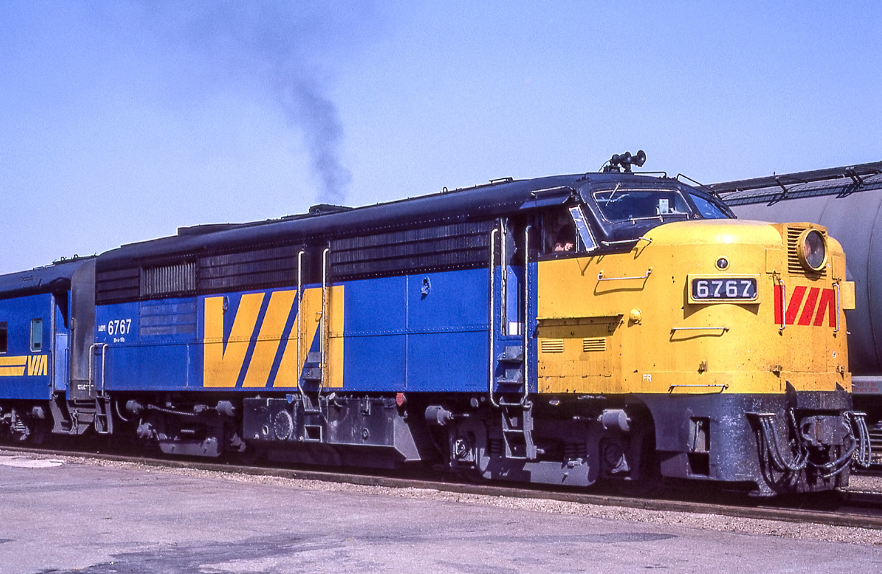 VIA 6767 is in Brantford, Ontario on August 14, 1982.