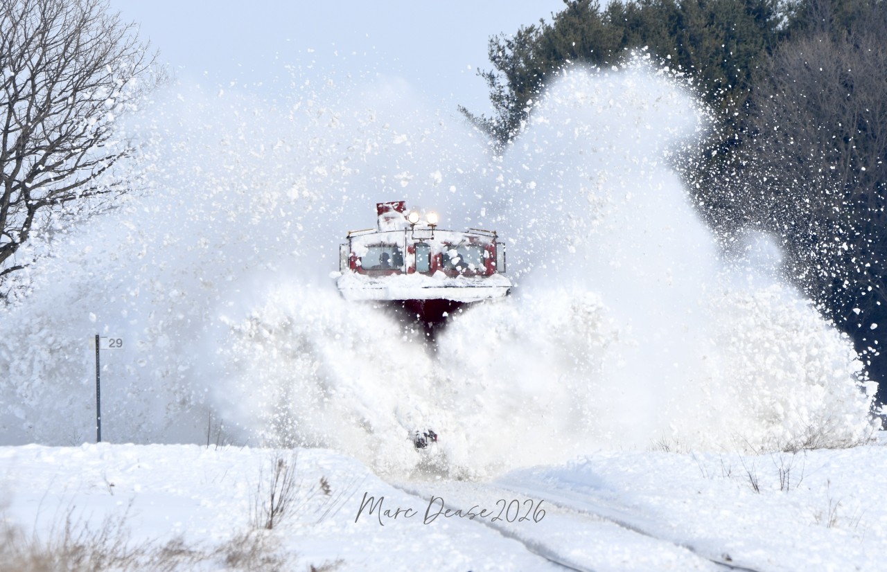 It's been an unusually cold and snowy winter in Southwestern Ontario which means extra plow jobs for Ontario Southland featuring their handsome F Units. A break from the cold with temps above freezing and beautiful winter sunshine made for perfect conditions as they cross Mapleton Line just north east of St. Thomas.
