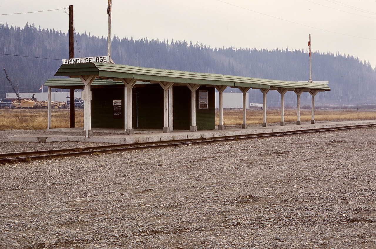 Not nearly as substantial as one might expect for a terminal passenger depot, this PGE now BCOL depot for Prince George was situated in the industrial area south of the town and just east of the yard there.  It replaced an earlier (1952) one north by a few miles and closer to the CN interchange, a bit more substantial but in much the same understated style.