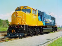 The Ontario Northland Railway finally marched into the big leagues with their first GMD SD 75I locomotives in 1999. Six were ordered.  The head of the class, #2100, was staged by the Englehart offices for Open House employee inspection.
Yet to turn a revenue mile.
Unfortunately, first in, first out.  The 2100 was wrecked in an accident December 2011 and subsequently retired. The rest soldier on.