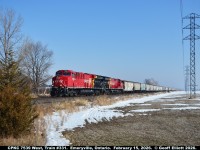With a heads up from Brady Butler when train #331 passed Tilbury, I was able to get out to get a decent shot of train #331, with a pair of fresh CPKC GE's, as it approaches Renault Line in Emeryville, Ontario on February 15, 2026.  #331 was a solid train of about 200 empty grain hoppers headed back to Western Canada via Chicago for re-loading.