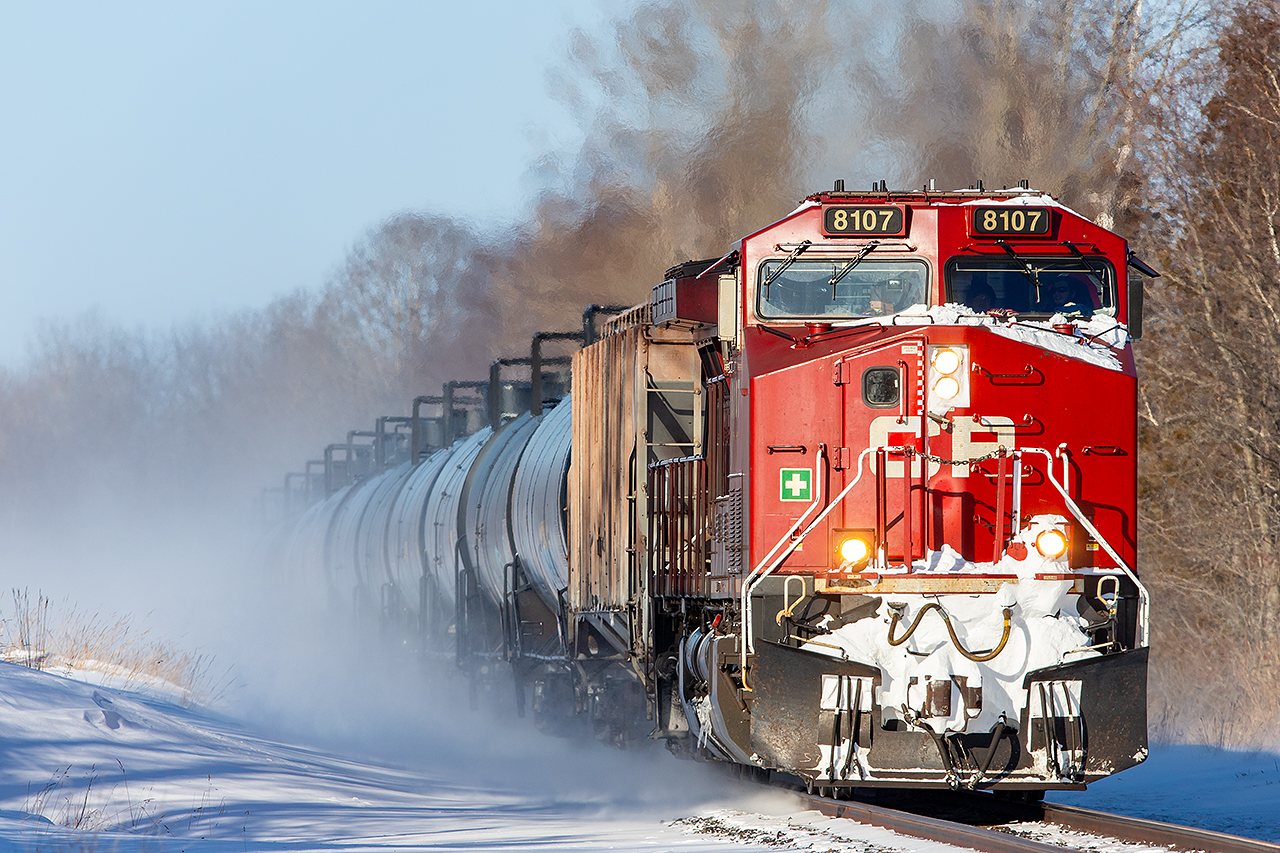 CP 8107 approaches Colborne after yet another snowfall. 2026 has provided no shortage of winter photo opportunities.