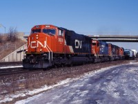 Aldershot used to be a wonderful place to watch trains. You could drive down to the tracks, park near the old "cold storage" and take photos to your heart's content or just watch the action, undisturbed. On a bright January afternoon in 1997, a CN westbound rolls through behind new SD75I 5636, GTW GP38-2 5707 (soon to be renumbered 4907, formerly MP 2027), GTW SD40-2 5934 (formerly UP 4180), a 7200 series GP9RM and a slug (the latter two units likely bound for Sarnia).