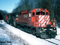CP train 270 with SD40 5547, HATX GP40-2 513 and SD40-2 779 pauses just outside Campbellville, Ontario on the Hamilton Subdivision. The train had just entered the line at Guelph Junction and was waiting for a foreman to clear ahead before starting it’s trek down the hill towards Hamilton. 