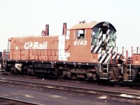 CP 8143 - GMD SW-1200RS end cab switcher is seen at Agincourt Yard in August of 1983 - it was built in 1959. End cab switchers were common at one time - not anymore!