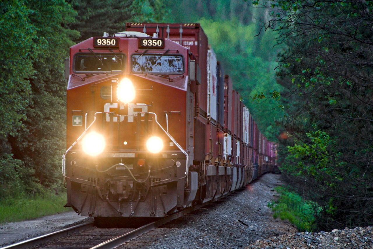 CP 9350 leads a high priority intermodal train at track speed towards Revelstoke BC.