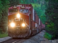 CP 9350 leads a high priority intermodal train at track speed towards Revelstoke BC. 