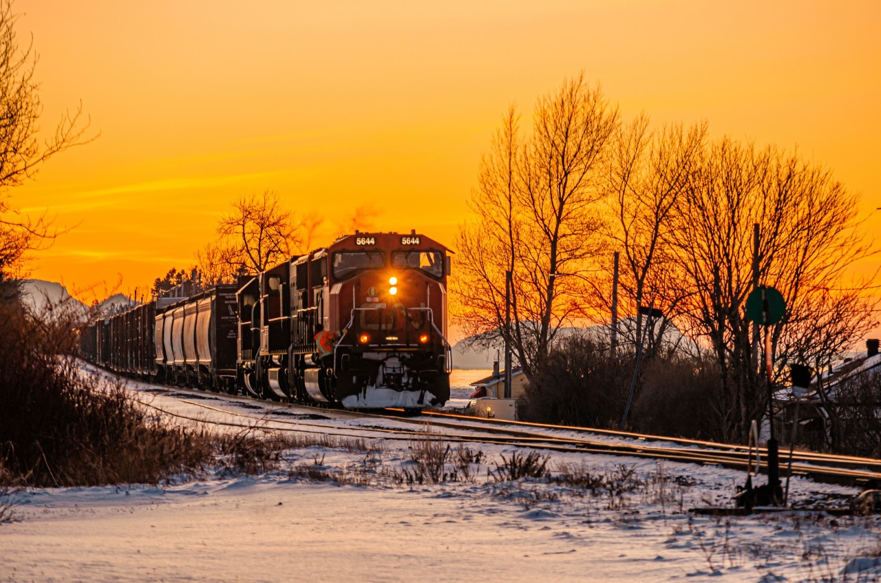 CN 402 stopped on the main track at the east end of Sacré-Coeur siding minutes after sunset, as they wait for train 559 to take the siding. This usually only happens when the Matane - Baie-Comeau ferry doesn't run, as it allows for train 561 to arrive in Mont-Joli early, which locomotives later departs towards Rivière-du-Loup as train 559 depending on the day.