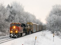 CN 2952 leads CN 271 Westbound through Copetown as hoar frost clings to all surfaces.