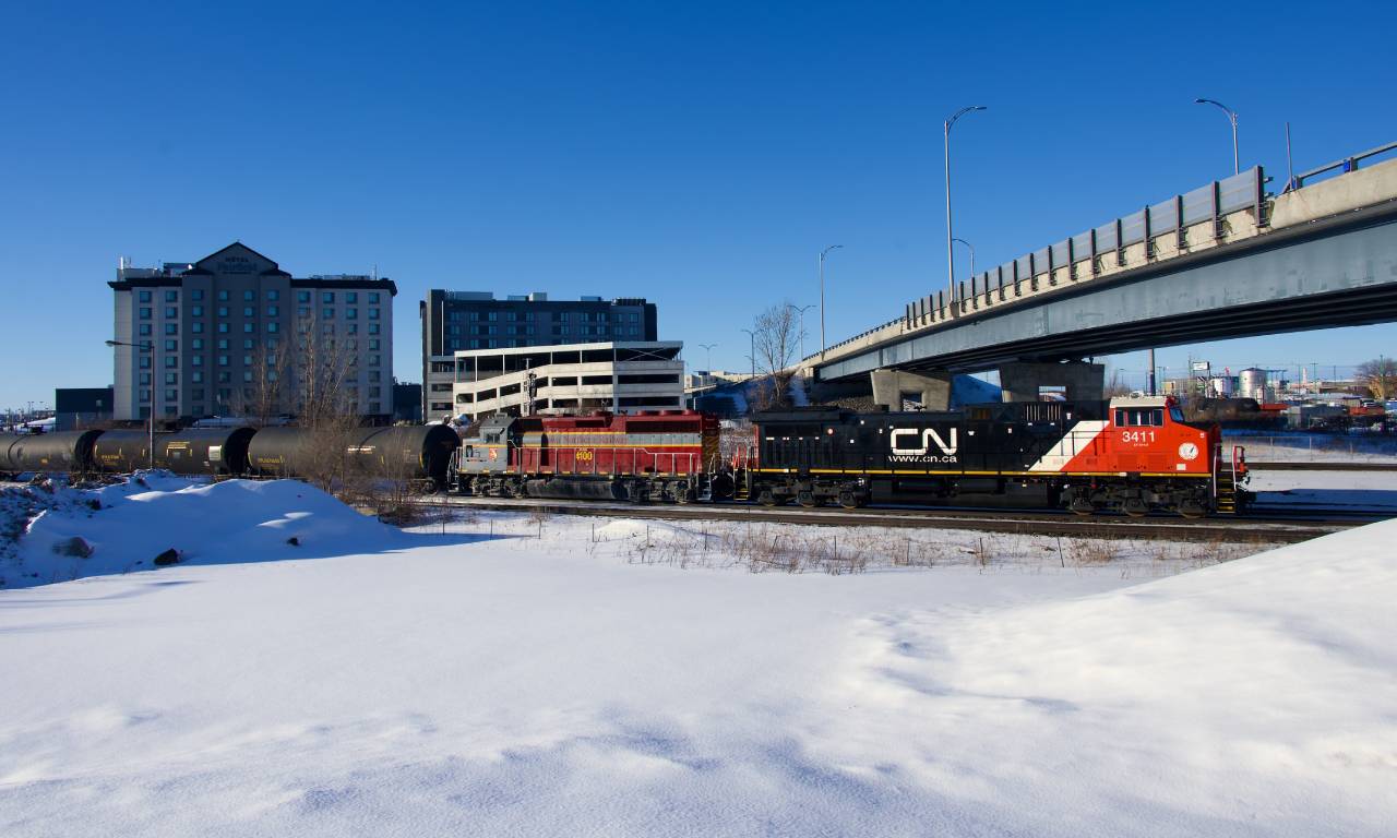 CN 368 has fresh rebuild CN 3411 & IANR 4100 up front, the latter having been lifted at Brockville.