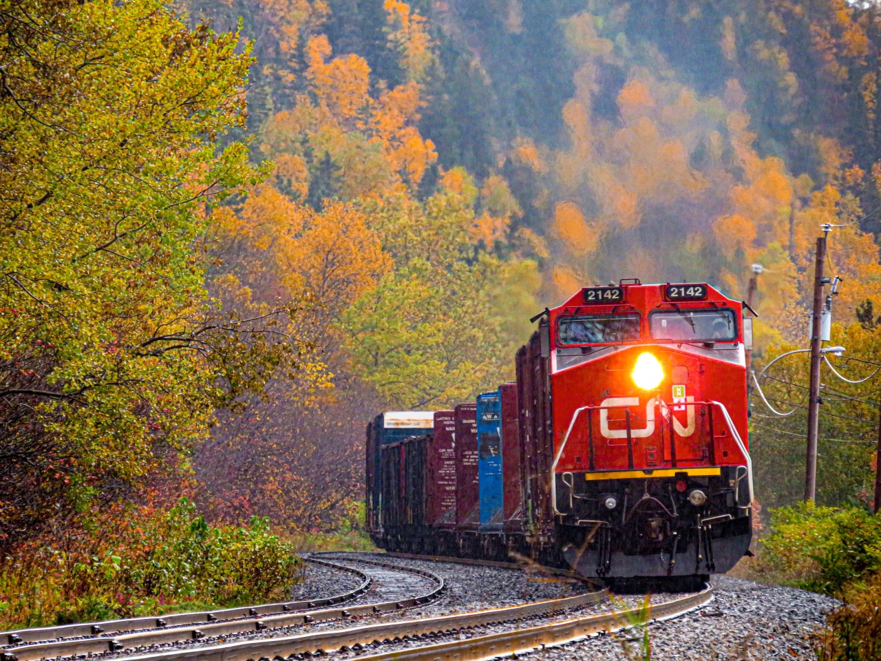 A Dash 8-40CW leads train 402 at the railway crossing of l'Anse-au-Sable near Rimouski. Back then, these locomotives were very often assigned to our regional manifest freight trains. I once remember seeing the same 2 sets of 2 identical Dash 8s being assigned to 402 and 403 for nearly a whole month... I wasn't a big fan of these locomotives so i didn't railfan much during that time. 

This spot is a pretty nice one with the S-curve and the hill in the background, i attempted to recreate this shot many times after but couldn't get it quite right, i think the shrubs might have grown too much...