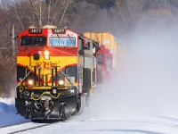 Luck is an interesting thing. It may follow Newton's Laws and have a balance of its own. There was a healthy amount of "giddiness" that 7010 would be leading 137. The weather didn't look great, but Heritage leader. The weather started to look better as the news broke that a KCS had been stuck ahead of ht eHeritage and a couple of GP38s. Ah, well, bad luck. But as 137 approached Galt, the clouds parted. Good luck, and fresh snow on the ground and a train not dawdling, really good luck. 