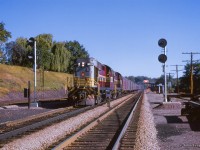 Train 321 for New York is seen heading west through Bayview Junction for a stop at TH&B Hunter Street station.

<br><br>A busy morning at Bayview:
<br><a href=https://www.railpictures.ca/?attachment_id=52960>Train 77 bound for Hamilton</a>
<br><a href=https://www.railpictures.ca/?attachment_id=53821>Train 29 bound for Windsor</a>
<br><a href=https://www.railpictures.ca/?attachment_id=54098>Extra 4534 rumbling east</a>
<br><a href=https://www.railpictures.ca/?attachment_id=53125>Train 77 proceeding west to London after backing out of Hamilton</a>

<br><br><i>Scan and editing by Jacob Patterson.</i>