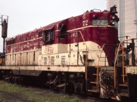 TH&B GP-7 #72 is seen near Toronto Union Station in August of 1985. Other Chessie and TH&B units were present that day. The base of the CN tower looms in the background.