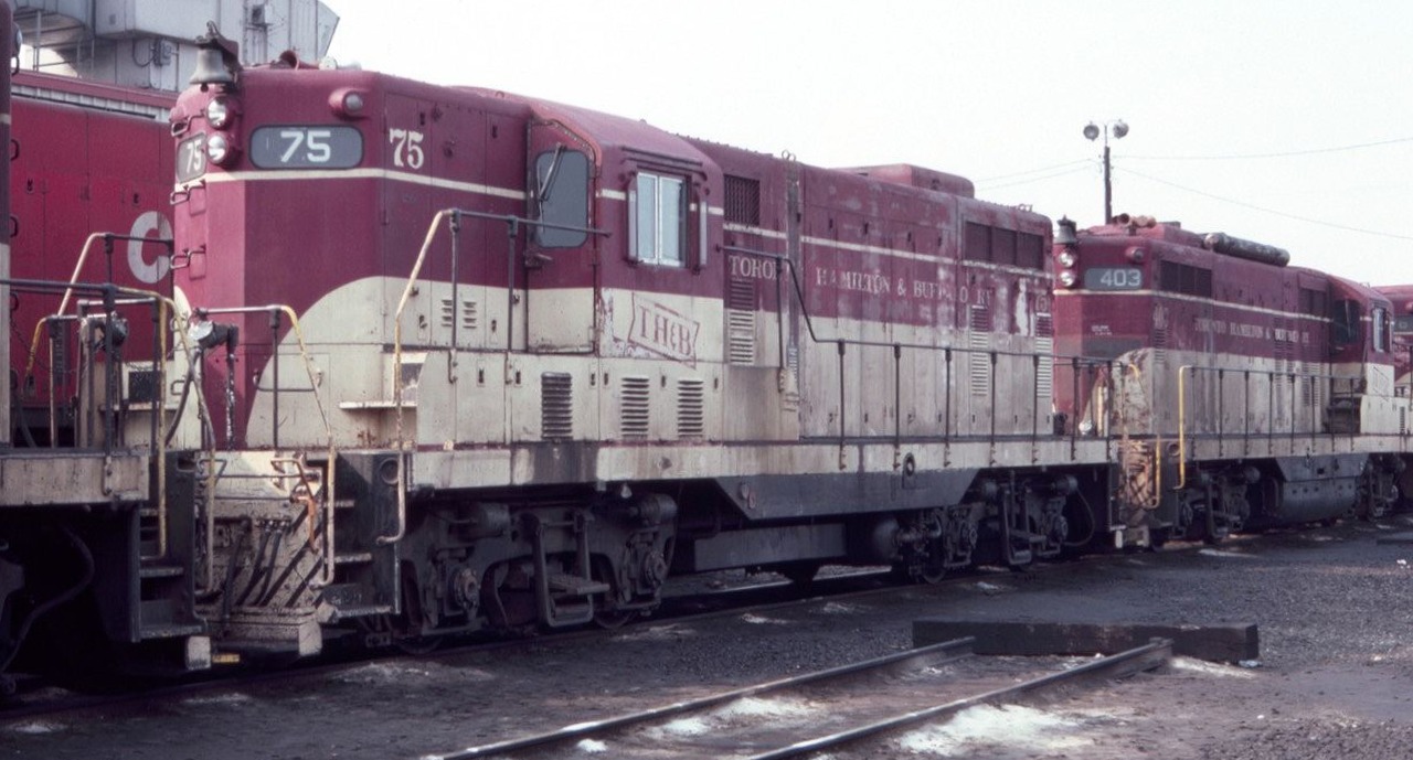 TH&B GP-7 #75 and GP-9 #403 are seen at the CP's Agincourt Yard in August of 1983.