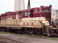 TH&B GP-7 #77 is shown near Toronto Union Station in August of 1985. That was indeed a nice locomotive paint scheme, although seen here faded after years of heavy work by the #77.