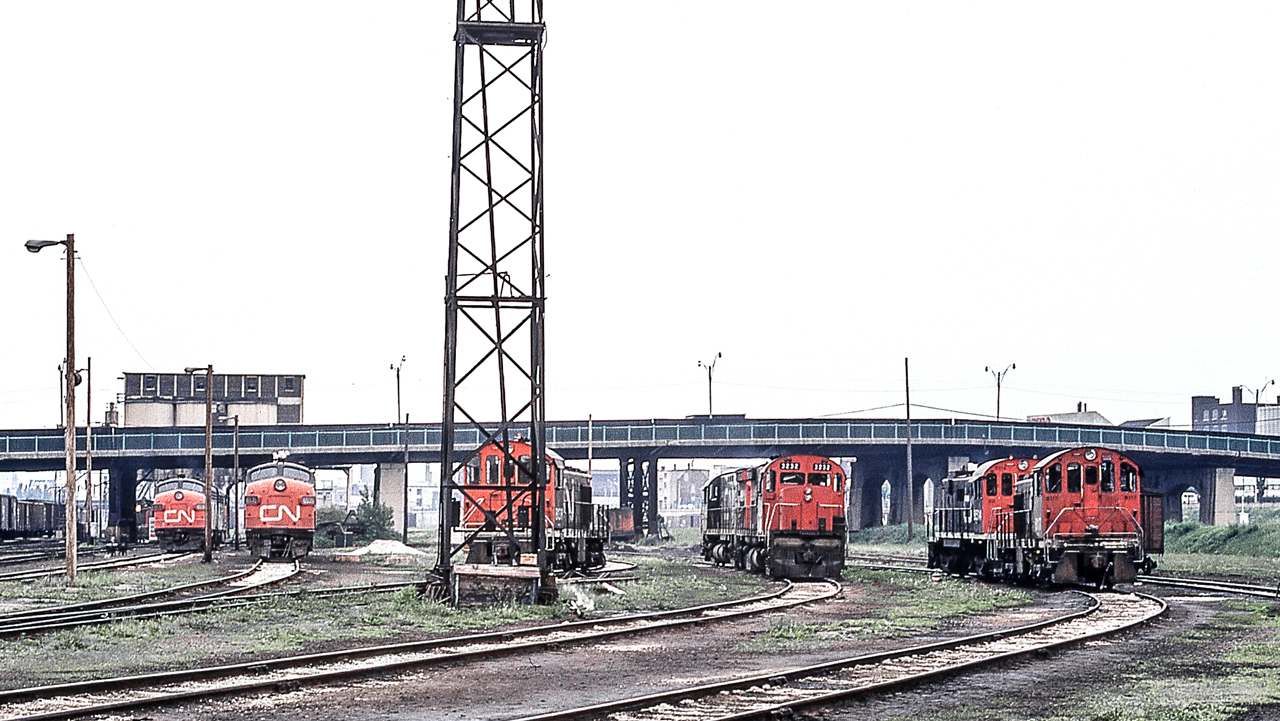 It is June 13, 1972 in CN's Spadina engine facility in Toronto where these locomotives can be found.
