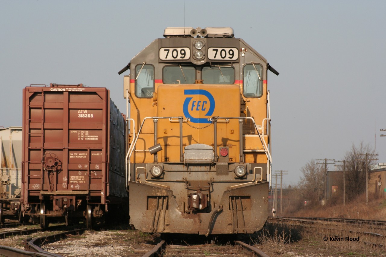 It was the start of spring and the weather in southern Ontario was more like summer with the temperature at the time of this photo over 20 degrees. FEC 709, part of the GEXR fleet at the time, rests in the afternoon sun waiting for its next assignment (likely came in on GEXR 431 earlier).