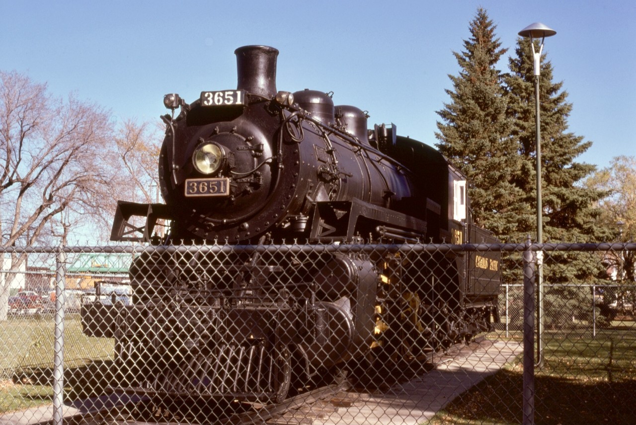 A first visit for me to Lethbridge, on Thursday 1974-10-03, when CP Lethbridge was still downtown at 1 Avenue South and 8th Street south, revealed a well-maintained display of CP 3651 at the depot.  It is still standing there today, while the depot is now the Lethbridge Community Health centre, and CP Lethbridge is eight miles northwest at Kipp Yard near old Coalhurst.