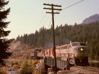 In a happy coincidence of my first full year with a driver’s licence and the last full year of CP FM/CLC road power, an eastward train from Midway to Nelson was followed, mainly to photograph lead unit CP 4104 with 8509 + 8555 + 8526 assisting.  Shown here crossing the Kootenay River near Taghum on Friday 1974-10-11, just four miles from Nelson.
