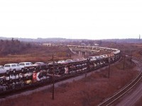 I have always found this image intriguing because it is probably the longest line of uncovered automobiles I have ever seen on a train.
The occasion was just after the infamous Mississauga Wreck on the Galt sub, and a few trains were detouring down thru Waterdown into Hamilton and running east over the CN to get around the carnage.
I was shooting prints, then elected to grab a slide of all these new autos and as a result have been unable to match up just what power led this train.
One could only imagine vandals using this for moving target practice.
Incidentally, the  guys seen on the hillside were out for the wreck detours, just as I was.