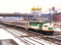 Cold February afternoon sees GO 701 leading train westbound and GO 905 on the rear. I forget exactly, but figure this must be around Oakville sub mile 2 just west of the Exhibition grounds. The 701 later became CN 9669.