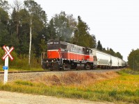  Thunder Rail (TRR) 2004 has just been down to the Crooked River's Richardson Pioneer grain facility to collect a long string of grain cars. The train went around the wye and backed into storage track just north of namesign CN Crane where I am positioned for this photo.
  This shortline started up in 2005 using 19.5 miles of track formerly operated by the Carlton Trail. It consists mostly of a spur off of the CN Tisdale Sub. Various grain is the main traffic on the line.