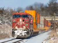 CP 8807 pulls out of Trenton westbound. Sun and fresh snow create my favourite railroading scenes. 