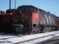 CN HR-616 2116, alongside HR-616 2100 are pictured waiting to depart the MacMillan Yard diesel shop tracks on outbound trains in Vaughn, Ontario. Behind 2116 were SD40-2(W) 5296 and GP40-2L(W) 9536. 

