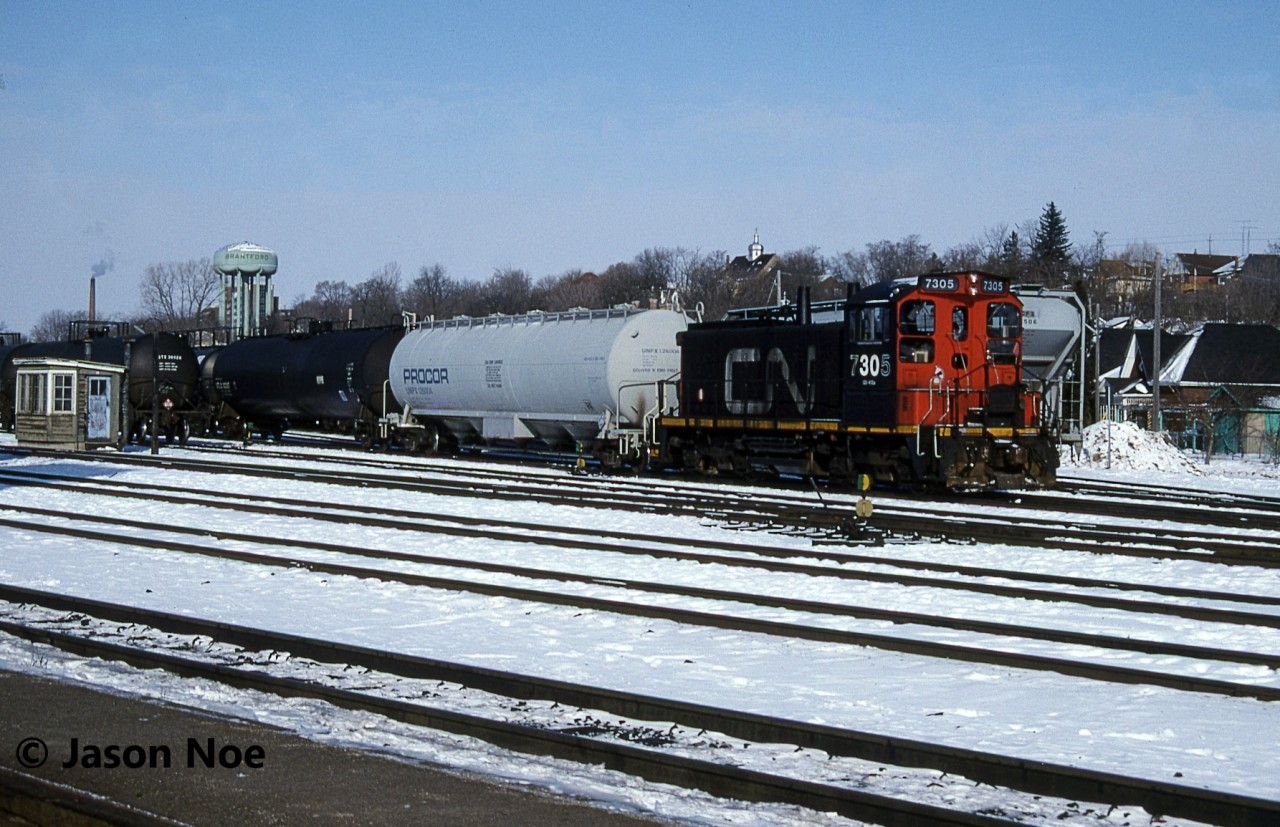 During a winter morning, CN SW1200RSm 7305 is pictured switching the Brantford yard on the CN Dundas Subdivision. The crew was sorting tank cars for train 560, which at the time, operated from Brantford to Nanticoke and return.