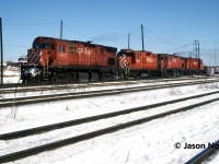A westbound CP local departs Toronto Yard in Scarborough, Ontario with 4233, 8205, 4204 and 1857, possibly heading to Lambton Yard near West Toronto. The train also had CP caboose 434505 on the tail-end. 
