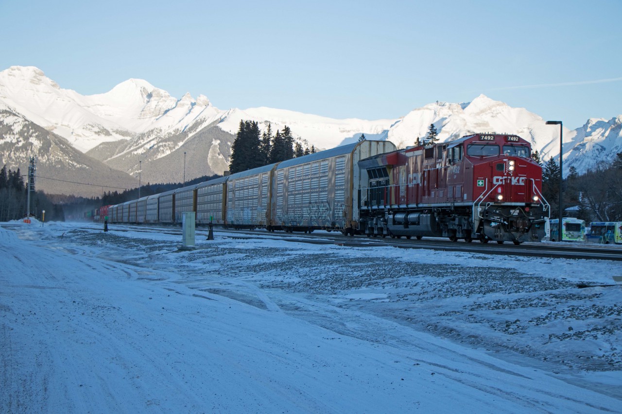 "Behind the blue Rockies, the sun is declinin'. The stars they come stealin' at the close of the day..." Those words, from Gordon Lightfoot's masterpiece Canadian Railroad Trilogy, sum up this photo of CPKC 149 speeding through Banff with 7492 up front and mid-train DPU 8061. Even though January days in the mountains are short, it's still been a good one with eight daylight trains.