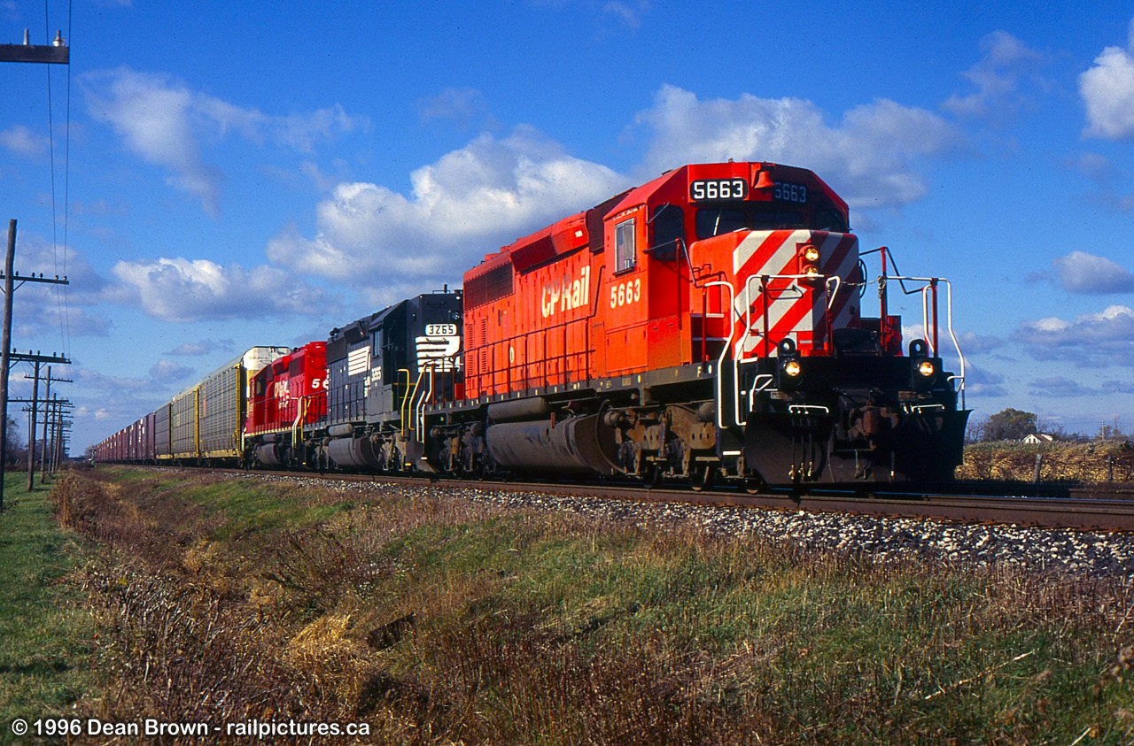 NS 328 with CP SD40-2 5663, NS SD40-2 3265, and CP SD40-2 at that time, NS units couldn't lead in Canada