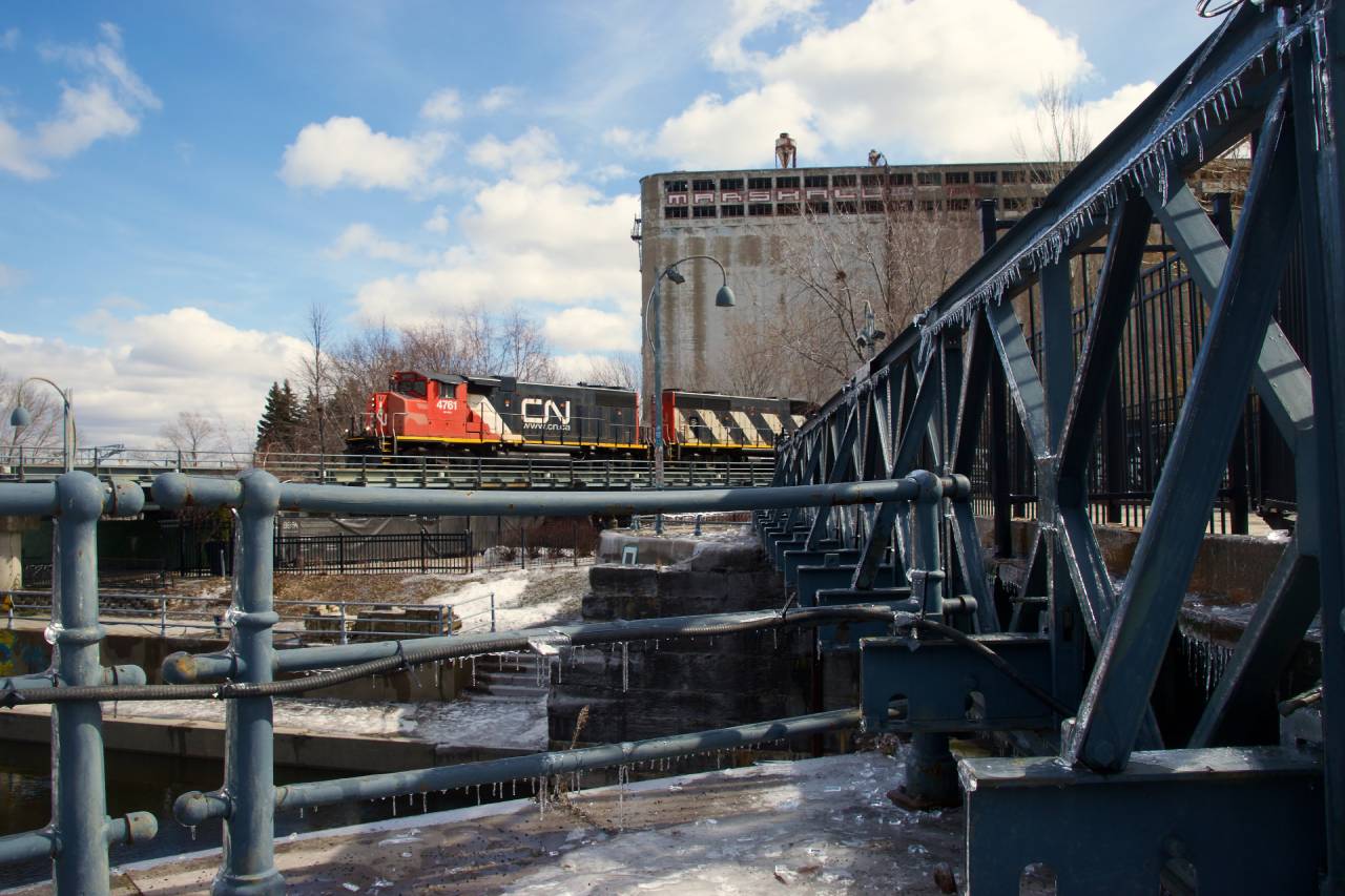CN 500 is entering the Port of Montreal the day after an ice storm passed through the area.