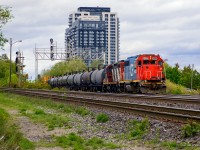 Usually serving customers along the Halton Sub, work was swapped for L551 and L557 this Friday afternoon on account of a weekend closure along the Oakville Sub as part of the Burloak grade separation.  After working Wyo-Ben, CertainTeed, and Suncor, L551 passes through Burlington West on approach to Aldershot.