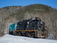 SCFG train 565 takes the wye at Matapédia to let cars in the small CN yard near the station.