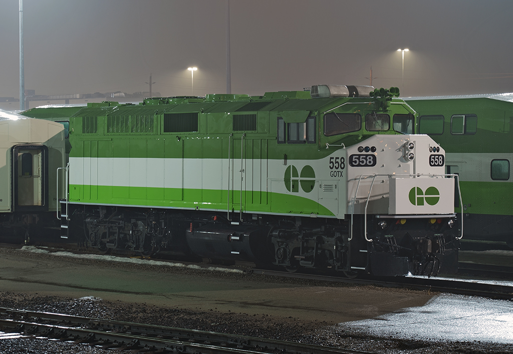 GO 558 sits at the west end of Willowbrook Yard in her new Metrolinx livery.