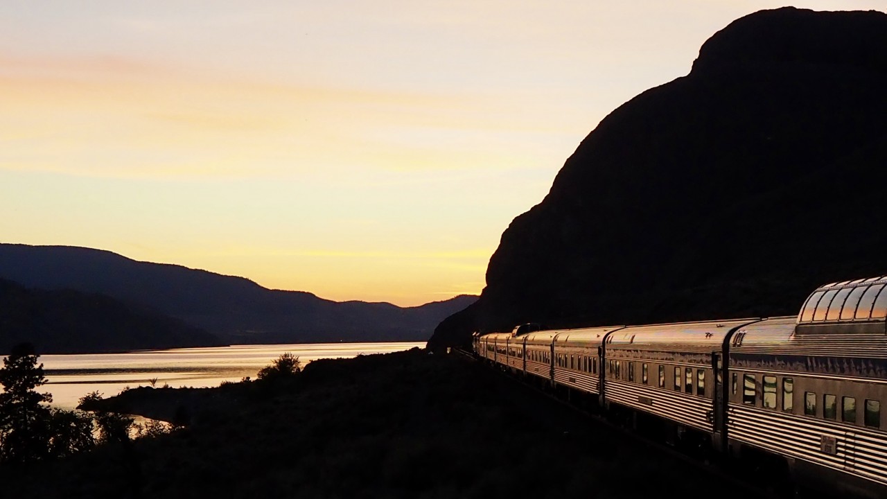 Nothing like a sunset around Kamloops lake. Here we see The Canadian about to enter the longest tunnel that VIA operates through, the Battle Bluffs Tunnel (2831 feet/863 metres). Though VIA has been through longer tunnels such as: Mount Royal (3.3 miles/5.3 km), Mount McDonald (9.11 miles/14.66 km), and Connaught (5.02 miles/8.08 km) tunnels to name a  few, this is all the CN route has to offer. In saying that, Canadian Northern Pacific Railway had made the Ashcroft Subdivision and the first 35 miles of the Yale Subdivision one of the most heavily tunnelled subdivisions in Canada. Between Kamloops and Hope BC, the passengers are under ground for 4 miles of the 160 miles of track. CNoR was so trigger happy with the TNT they blasted 2 tunnels they didn’t even bother using. Now abandoned at Savona an McAbee.