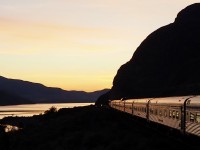 Nothing like a sunset around Kamloops lake. Here we see The Canadian about to enter the longest tunnel that VIA operates through, the Battle Bluffs Tunnel (2831 feet/863 metres). Though VIA has been through longer tunnels such as: Mount Royal (3.3 miles/5.3 km), Mount McDonald (9.11 miles/14.66 km), and Connaught (5.02 miles/8.08 km) tunnels to name a  few, this is all the CN route has to offer. In saying that, Canadian Northern Pacific Railway had made the Ashcroft Subdivision and the first 35 miles of the Yale Subdivision one of the most heavily tunnelled subdivisions in Canada. Between Kamloops and Hope BC, the passengers are under ground for 4 miles of the 160 miles of track. CNoR was so trigger happy with the TNT they blasted 2 tunnels they didn’t even bother using. Now abandoned at Savona an McAbee. 