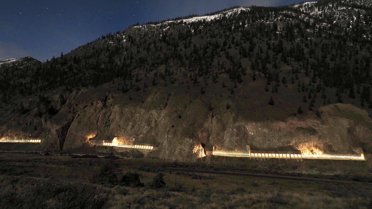 One of my favourite scenes in the canyon are the Skoonka Tunnels. Not to be confused with the Gladwin Tunnels, this picture came about because The Canadian normally runs through here in the dark. Wishing for the train to be late to get this shot in the day is unfair to my passengers. Skoonka is a First Nations work meaning “Where women make water”. There are several springs along the rock wall. This, of course, is a recipe for mud and rock slides. I have had to dig The Canadian out more than once at this location.