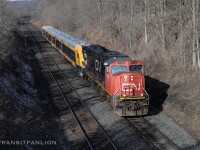 CN L27691 17 with CN 5708 on the point, Ontario Northlander TS2 (cab car 949-942-941-engine 940) in tow bound for VIA TMC, rushing through east end of Dundas sub towards Aldershot yard where Sarnia crew finished their trip and Aldershot crew will take over for the final miles on Oakville sub after MX passenger rush finishes the second day. (2026/03/18)