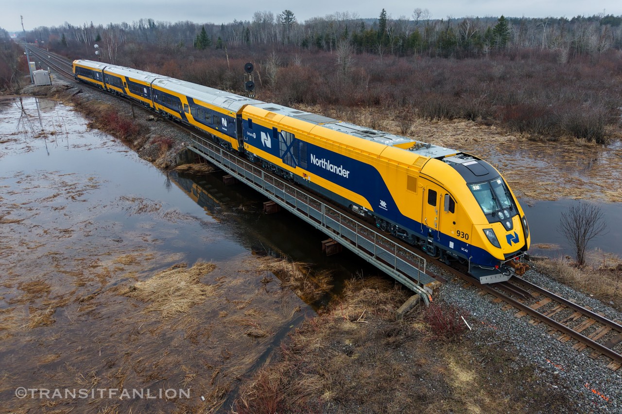 ONTC Siemens Venture trainset 1 ONT 930-939 ON P30131 31 new Northlander “1000 mile testing & familiarization trip” departing sidng at Zephyr after meeting CN 180 and 104.