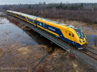 ONTC Siemens Venture trainset 1 ONT 930-939 ON P30131 31 new Northlander “1000 mile testing & familiarization trip” departing sidng at Zephyr after meeting CN 180 and 104.