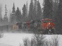 CN 2868 leads a loaded coal hoppers towards Prince George in a thick and windy blizzard.  